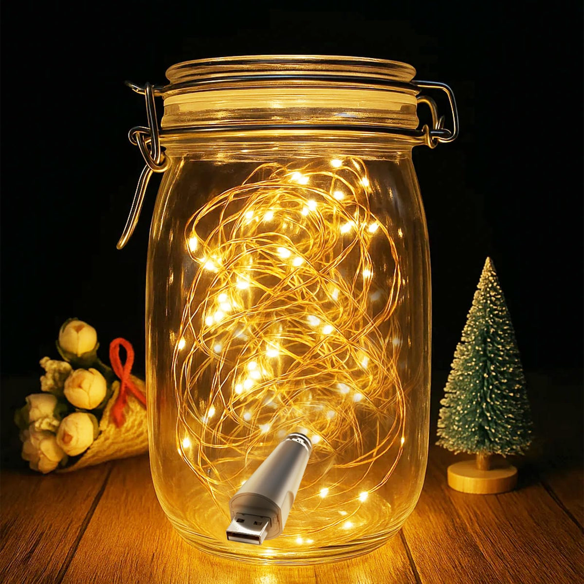 OUSMIN Rechargeable Fairy Lights - 20 LED String Lights, USB Battery Operated, 7ft, White, for Mason Jars and Wedding Decor