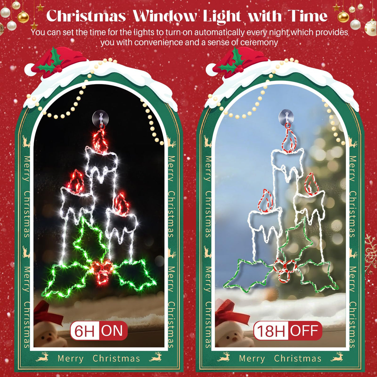 Enhon Christmas Window Silhouette Light, Battery Operated, 8 Modes, Timer, 15.8in, White/Red/Green, 2 Pack, Model SO-Enhon-2400